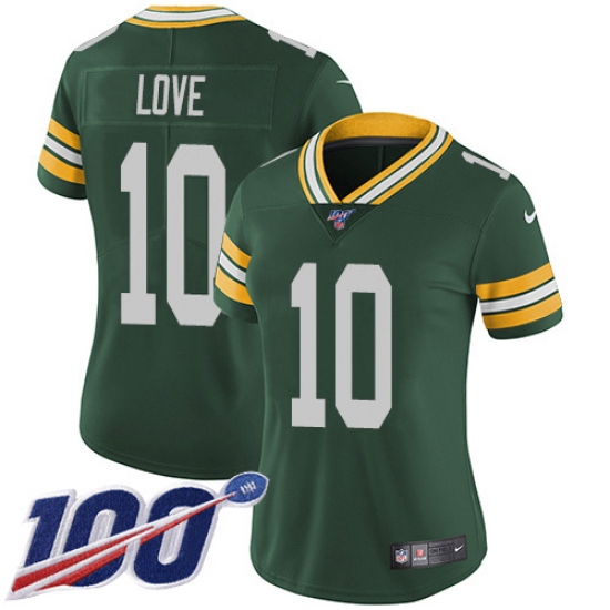Women's Green Bay Packers 10 Jordan Love Green Team Color Stitched NFL 100th Season Vapor Untouchable Limited Jersey