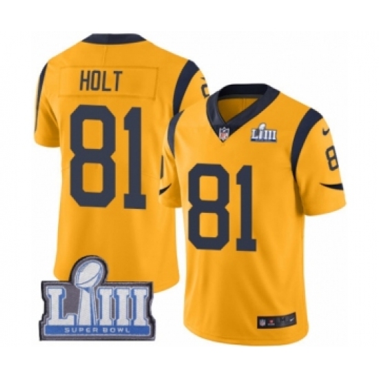 Youth Nike Los Angeles Rams 81 Torry Holt Limited Gold Rush Vapor Untouchable Super Bowl LIII Bound NFL Jersey