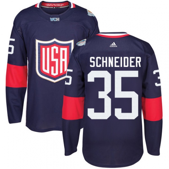 Men's Adidas Team USA 35 Cory Schneider Authentic Navy Blue Away 2016 World Cup Ice Hockey Jersey