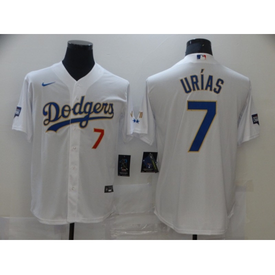 Men's Nike Los Angeles Dodgers 7 Julio Urias White Game Champions Authentic Jersey