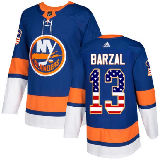 Men's Adidas New York Islanders 13 Mathew Barzal Authentic Royal Blue USA Flag Fashion NHL Jersey