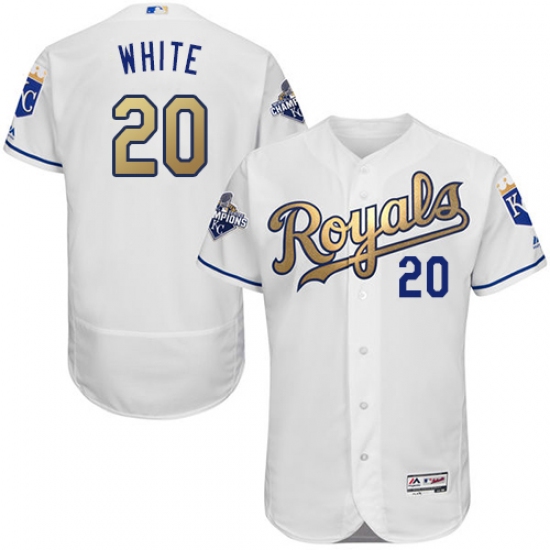 Men's Majestic Kansas City Royals 20 Frank White Authentic White 2015 World Series Champions Gold Program FlexBase MLB Jersey