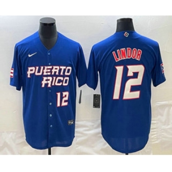 Men's Puerto Rico Baseball 12 Francisco Lindor Number 2023 Royal World Classic Stitched Jersey