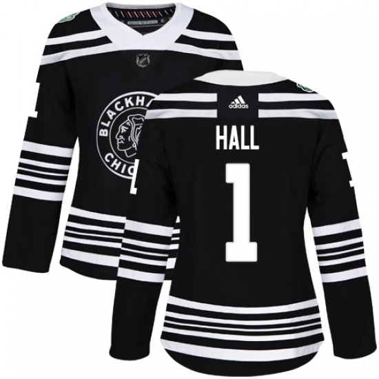 Women's Adidas Chicago Blackhawks 1 Glenn Hall Authentic Black 2019 Winter Classic NHL Jersey