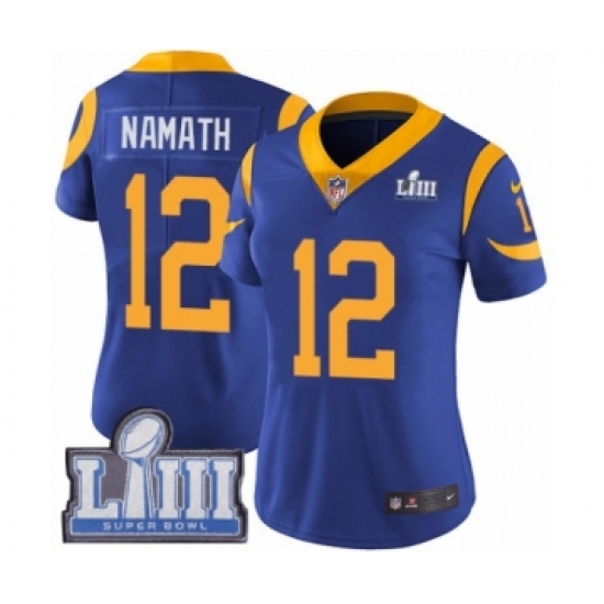 Women's Nike Los Angeles Rams 12 Joe Namath Royal Blue Alternate Vapor Untouchable Limited Player Super Bowl LIII Bound NFL Jersey