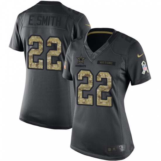 Women's Nike Dallas Cowboys 22 Emmitt Smith Limited Black 2016 Salute to Service NFL Jersey