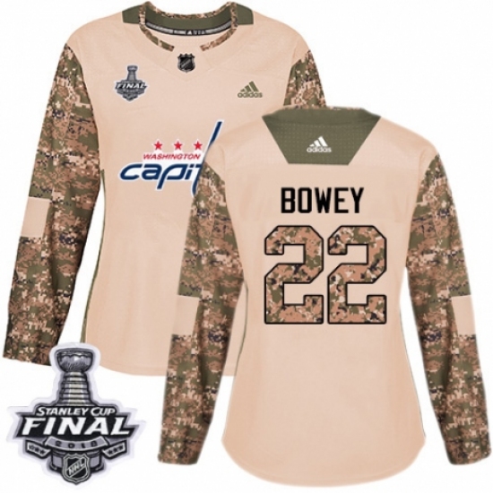 Women's Adidas Washington Capitals 22 Madison Bowey Authentic Camo Veterans Day Practice 2018 Stanley Cup Final NHL Jersey