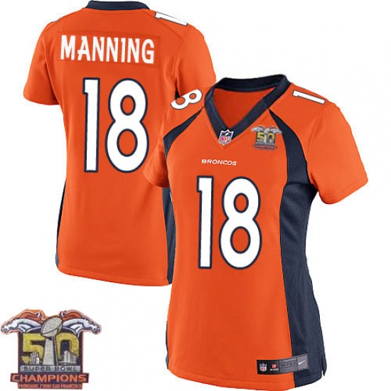 Women's Nike Denver Broncos 18 Peyton Manning Elite Orange Team Color Super Bowl 50 Champions NFL Jersey