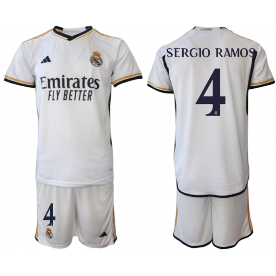Men's Real Madrid 4 Sergio Ramos 2023-24 White Home Soccer Jersey