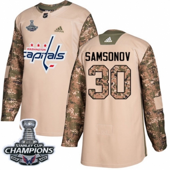 Men's Adidas Washington Capitals 30 Ilya Samsonov Authentic Camo Veterans Day Practice 2018 Stanley Cup Final Champions NHL Jersey