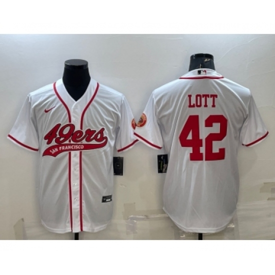Men's San Francisco 49ers 42 Ronnie Lott White With Patch Cool Base Stitched Baseball Jersey