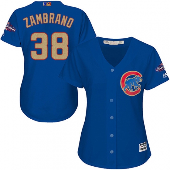 Women's Majestic Chicago Cubs 38 Carlos Zambrano Authentic Royal Blue 2017 Gold Champion MLB Jersey
