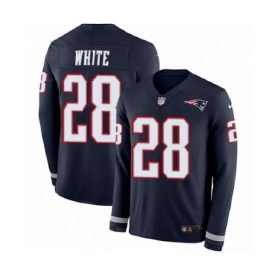 Men's Nike New England Patriots 28 James White Limited Navy Blue Therma Long Sleeve NFL Jersey
