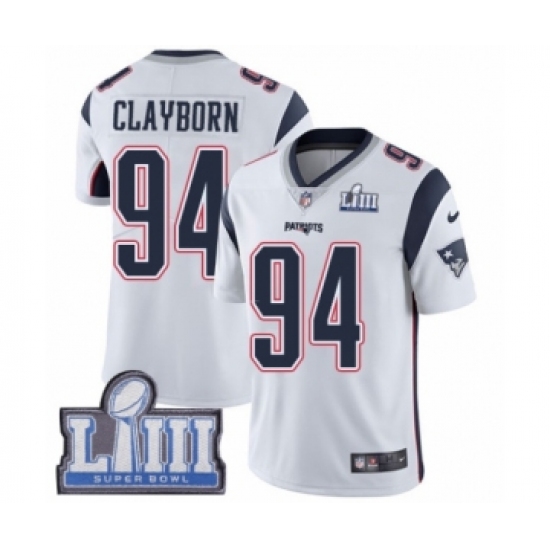 Youth Nike New England Patriots 94 Adrian Clayborn White Vapor Untouchable Limited Player Super Bowl LIII Bound NFL Jersey