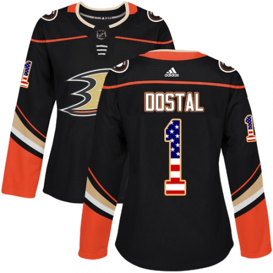 Women's Adidas Anaheim Ducks 1 Lukas Dostal Authentic Black USA Flag Fashion NHL Jersey