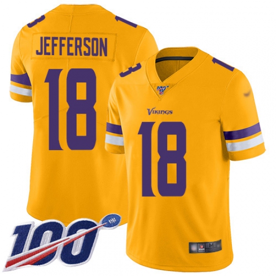 Men's Minnesota Vikings 18 Justin Jefferson Gold Stitched NFL Limited Inverted Legend 100th Season Jersey