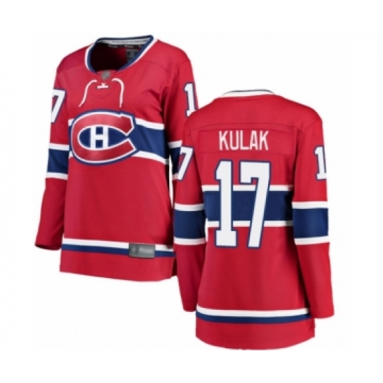 Women's Montreal Canadiens 17 Brett Kulak Authentic Red Home Fanatics Branded Breakaway Hockey Jersey