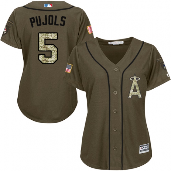 Women's Majestic Los Angeles Angels of Anaheim 5 Albert Pujols Authentic Green Salute to Service MLB Jersey