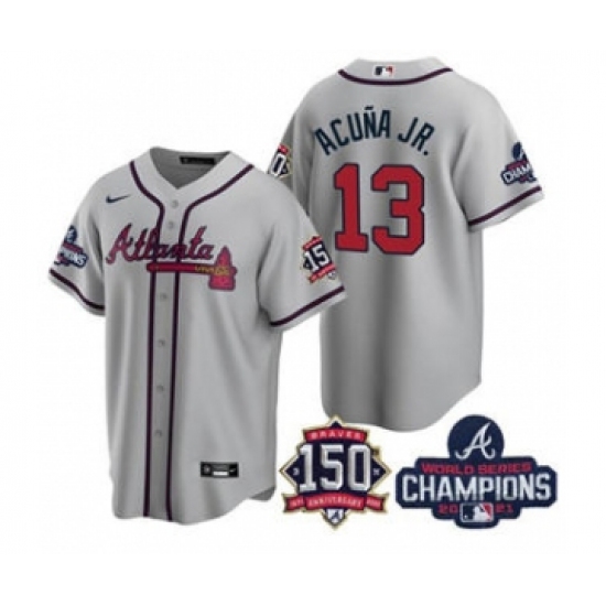 Men's Atlanta Braves 13 Ronald Acuna Jr. 2021 Gray World Series Champions With 150th Anniversary Patch Cool Base Stitched Jersey