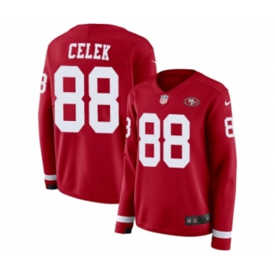 Women's Nike San Francisco 49ers 88 Garrett Celek Limited Red Therma Long Sleeve NFL Jersey