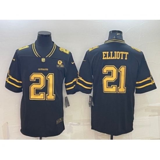 Men's Dallas Cowboys 21 Ezekiel Elliott Black Gold Edition With 1960 Patch Limited Stitched Football Jersey