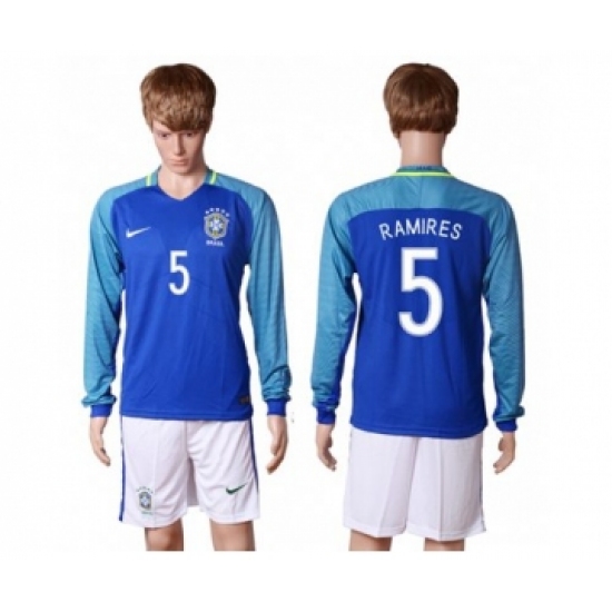 Brazil 5 Ramires Away Long Sleeves Soccer Country Jersey