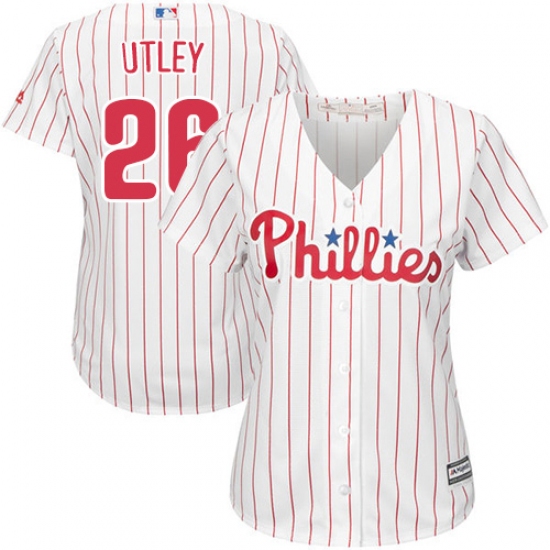 Women's Majestic Philadelphia Phillies 26 Chase Utley Replica White/Red Strip Home Cool Base MLB Jersey
