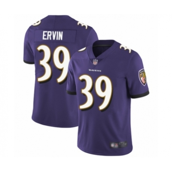 Men's Baltimore Ravens 39 Tyler Ervin Purple Team Color Vapor Untouchable Limited Player Football Jersey