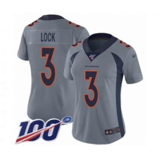 Women's Denver Broncos 3 Drew Lock Limited Silver Inverted Legend 100th Season Football Jersey