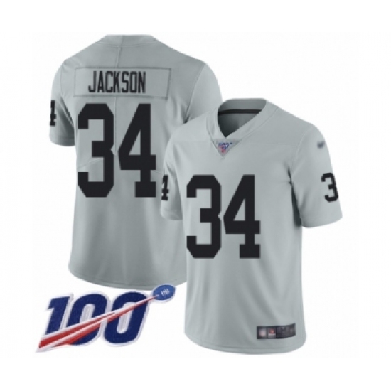 Men's Oakland Raiders 34 Bo Jackson Limited Silver Inverted Legend 100th Season Football Jersey