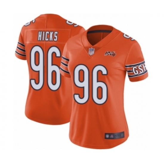 Women's Chicago Bears 96 Akiem Hicks Orange Alternate 100th Season Limited Football Jersey