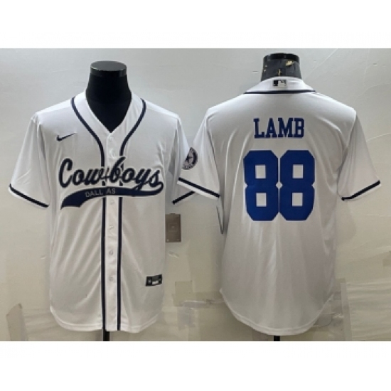 Men's Dallas Cowboys 88 CeeDee Lamb White With Patch Cool Base Stitched Baseball Jersey