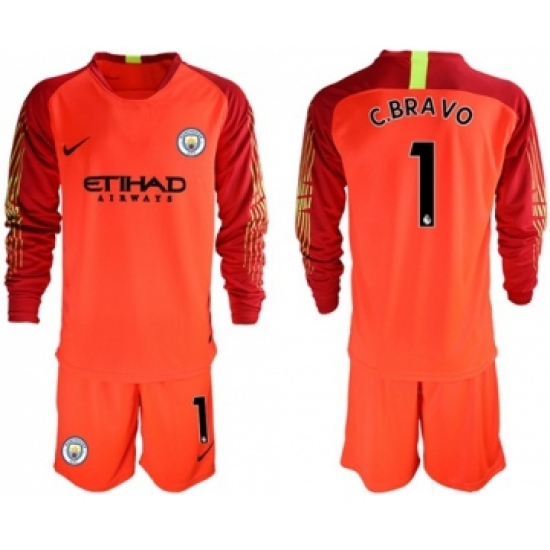 Manchester City 1 C.Bravo Red Goalkeeper Long Sleeves Soccer Club Jersey