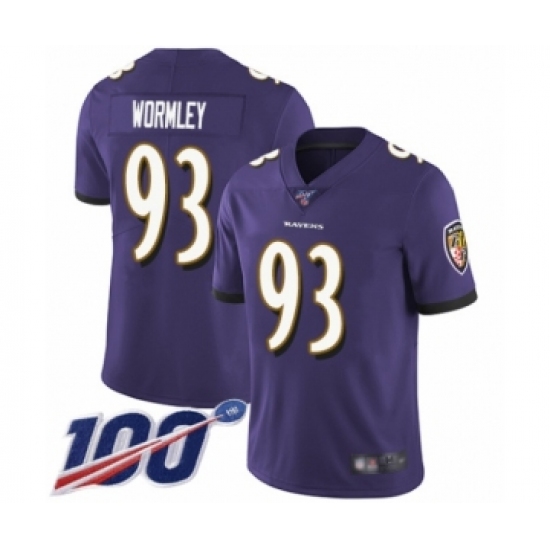 Men's Baltimore Ravens 93 Chris Wormley Purple Team Color Vapor Untouchable Limited Player 100th Season Football Jersey