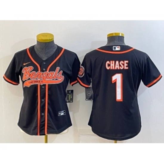 Women's Cincinnati Bengals 1 JaMarr Chase Black With Patch Cool Base Stitched Baseball Jersey