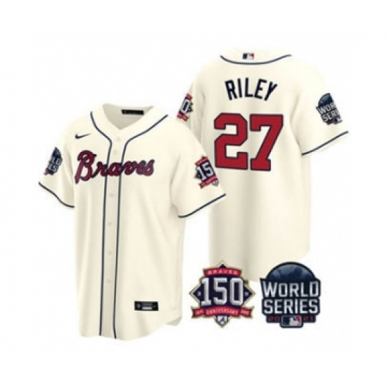 Men's Atlanta Braves 27 Austin Riley 2021 Cream World Series With 150th Anniversary Patch Cool Base Baseball Jersey
