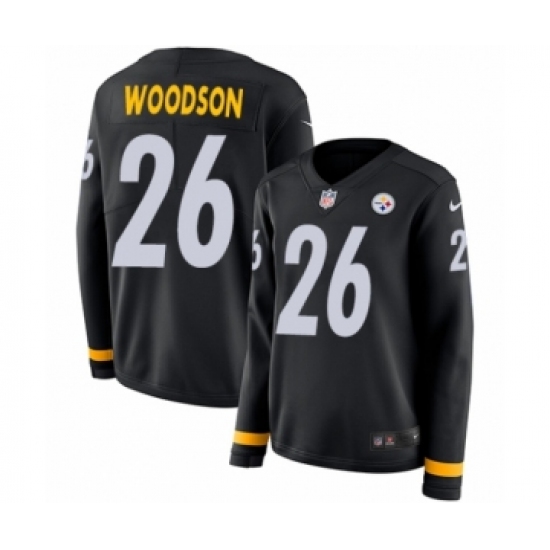 Women's Nike Pittsburgh Steelers 26 Rod Woodson Limited Black Therma Long Sleeve NFL Jersey