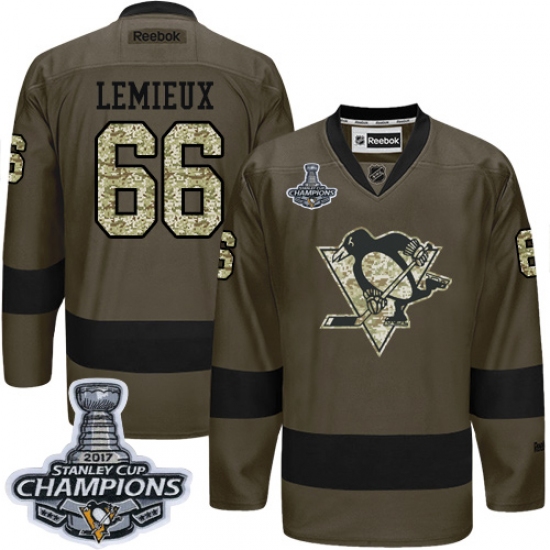 Men's Reebok Pittsburgh Penguins 66 Mario Lemieux Authentic Green Salute to Service 2017 Stanley Cup Champions NHL Jersey