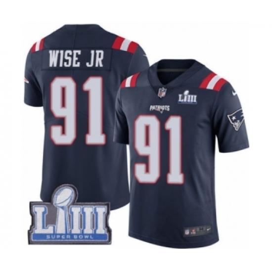 Youth Nike New England Patriots 91 Deatrich Wise Jr Limited Navy Blue Rush Vapor Untouchable Super Bowl LIII Bound NFL Jersey