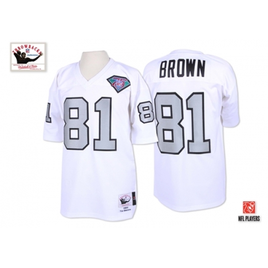 Mitchell And Ness Oakland Raiders 81 Tim Brown 1994 White Silver No. with 75TH Patch Authentic NFL Jersey