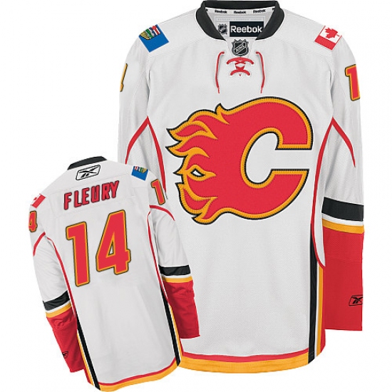 Men's Reebok Calgary Flames 14 Theoren Fleury Authentic White Away NHL Jersey