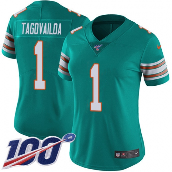 Women's Miami Dolphins 1 Tua Tagovailoa Aqua Green Alternate Stitched 100th Season Vapor Untouchable Limited Jersey