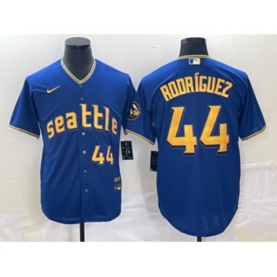 Men's Seattle Mariners 44 Julio Rodriguez Number Blue 2023 City Connect Cool Base Stitched Jersey1