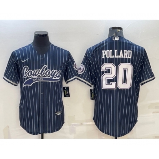 Men's Dallas Cowboys 20 Tony Pollard Navy Blue Pinstripe With Patch Cool Base Stitched Baseball Jersey