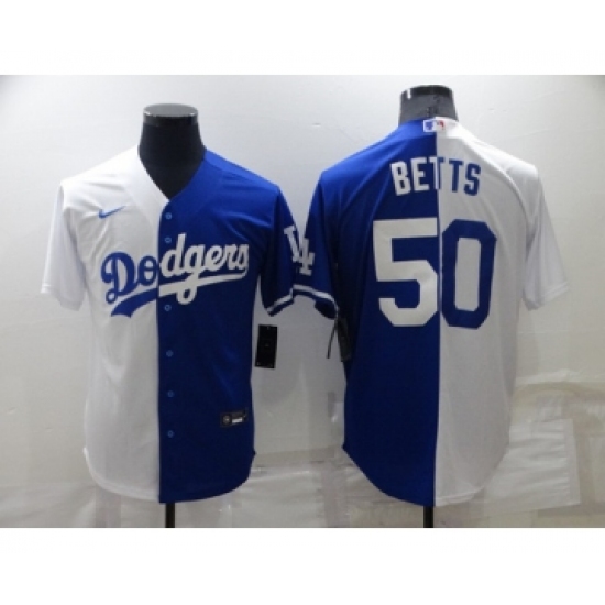 Men's Los Angeles Dodgers 50 Mookie Betts White Blue Split Cool Base Stitched Baseball Jersey