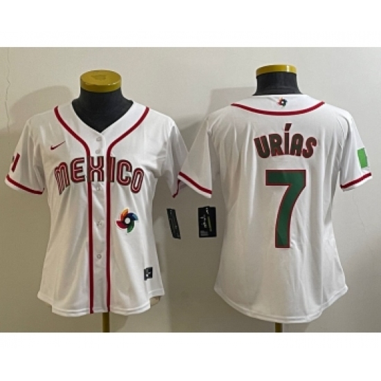 Women's Mexico Baseball 7 Julio Urias Number 2023 White World Classic Stitched Jersey9
