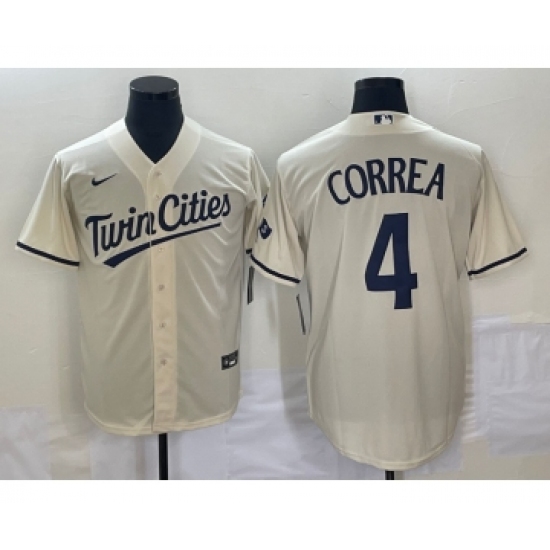 Men's Minnesota Twins 4 Carlos Correa Cream 2022 City Connect Cool Base Stitched Jersey