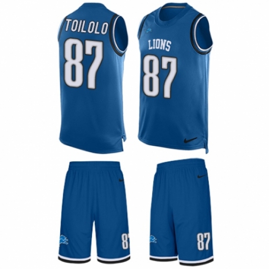 Men's Nike Detroit Lions 87 Levine Toilolo Limited Blue Tank Top Suit NFL Jersey