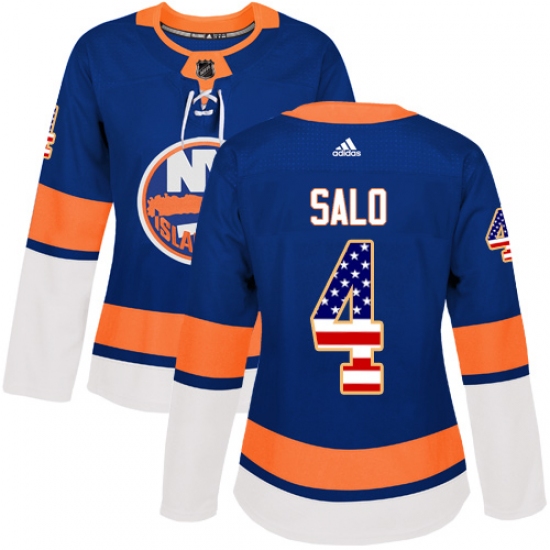 Women's Adidas New York Islanders 4 Robin Salo Authentic Royal Blue USA Flag Fashion NHL Jersey