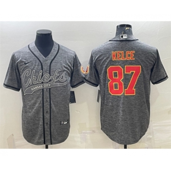 Men's Kansas City Chiefs 87 Travis Kelce Gray With Patch Cool Base Stitched Baseball Jersey
